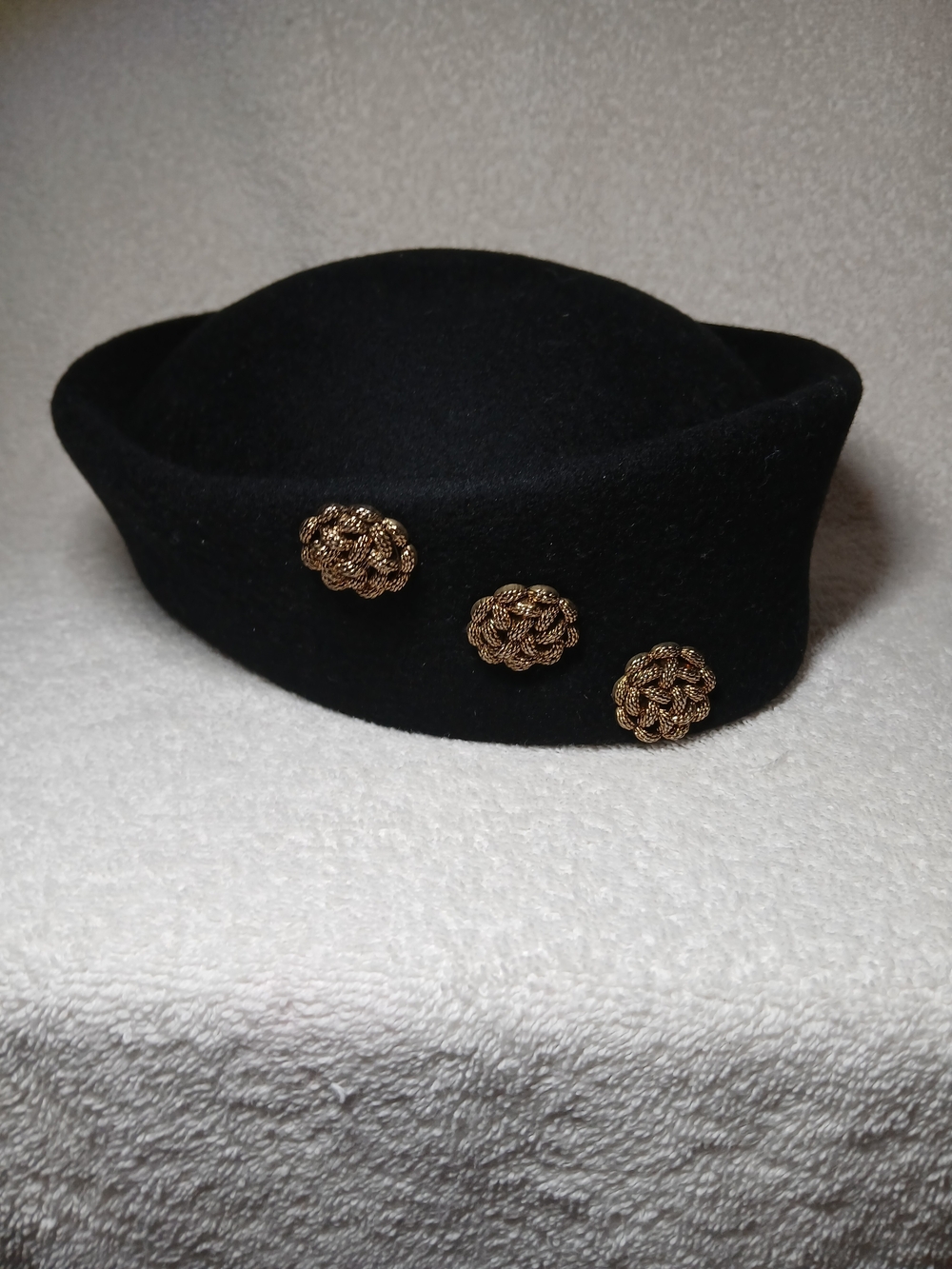 Classic Black Felt Pillbox Hat with Gold Button Accents